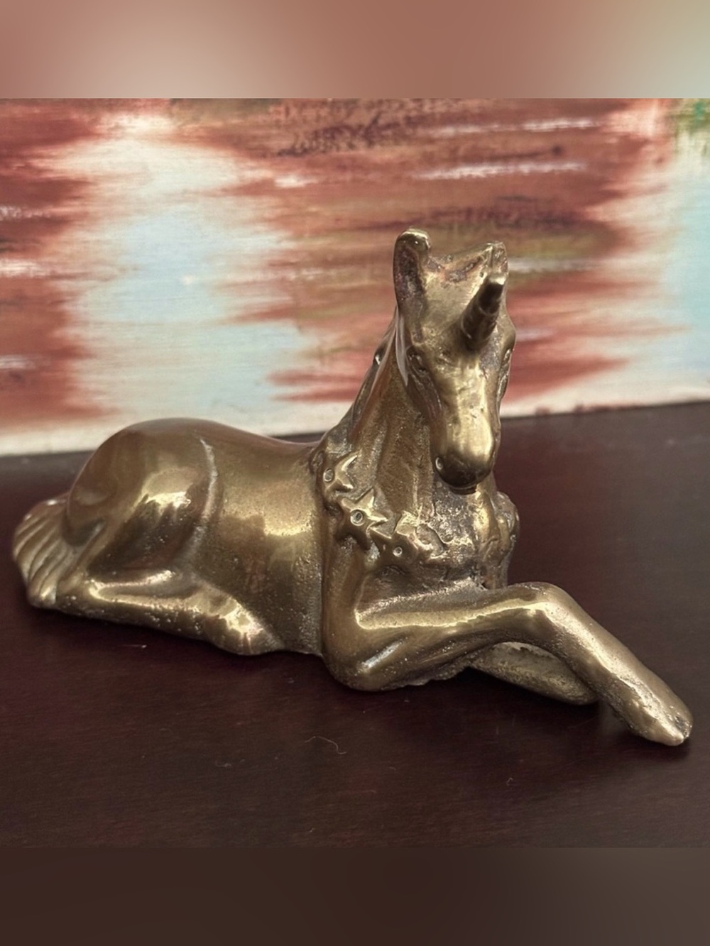 Vintage Brass Unicorn with Floral Neck Wreath